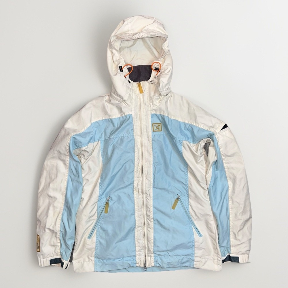 DNA Descente Snowboard Jacket Women 8 Blue White Hooded Full Zip Ski Vented Coat